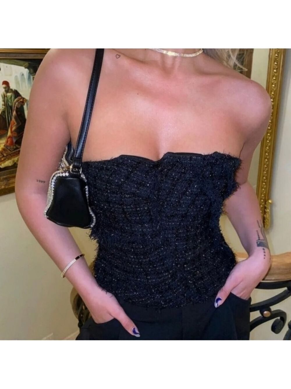 NWT Zara Black Sparkly Limited Edition Strapless Bustier, Size L - Picture 2 of 12